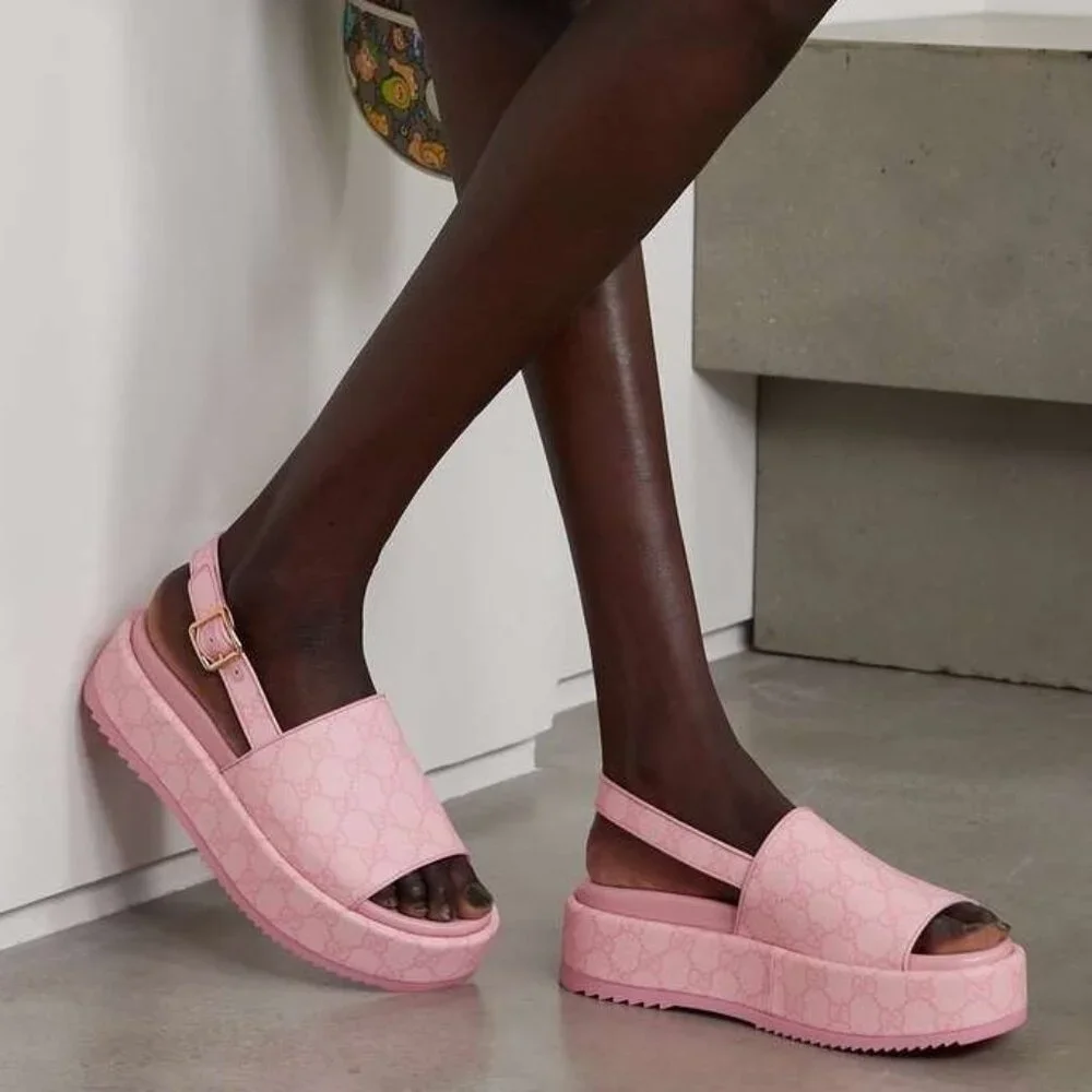 NEW GUCCI Angelina GG Pink Supreme Canvas Slingback Platform Sandals EU 39.5